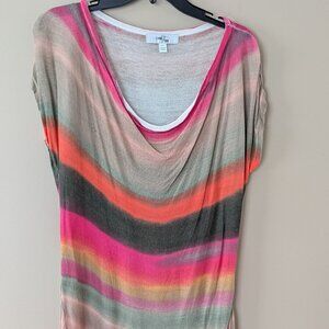 One 7 Six Multi Color Striped Knit Tunic Top Rayon Large Drape Neck Asymmetrical